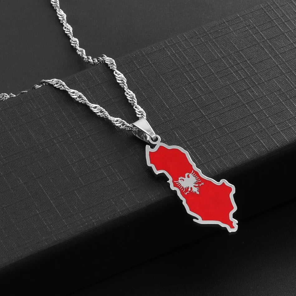 Anniyo Albania map and Eagle Flag Pendant Necklaces for Women Men Gold Color/Silver Color Albanian Jewelry #148921