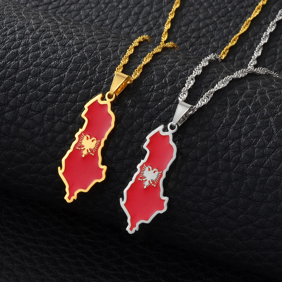 Anniyo Albania map and Eagle Flag Pendant Necklaces for Women Men Gold Color/Silver Color Albanian Jewelry #148921