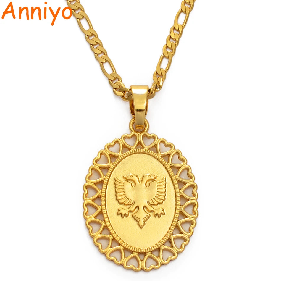 Anniyo Heart Albania Eagle Pendant Necklaces for Men Women Gold Color/Silver Color Jewelry Ethnic Kosovo #229606