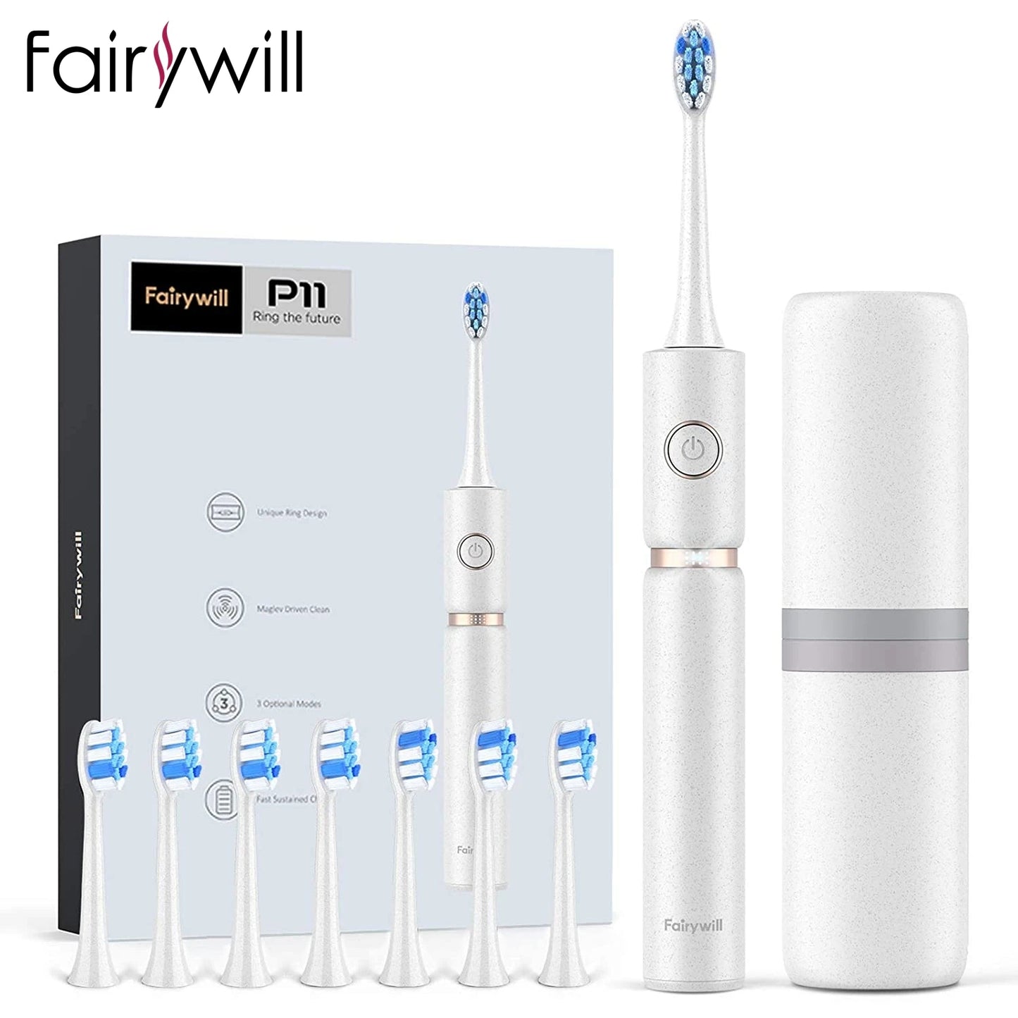 Fairywill Professional Electric Sonic Toothbrush Waterproof Powerful Fast Charging Smart Timer Replacement Heads Travel Case