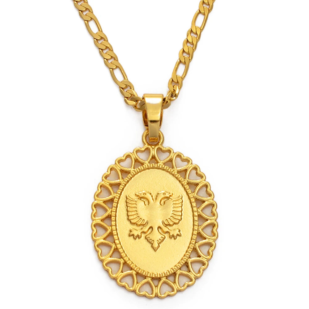 Anniyo Heart Albania Eagle Pendant Necklaces for Men Women Gold Color/Silver Color Jewelry Ethnic Kosovo #229606