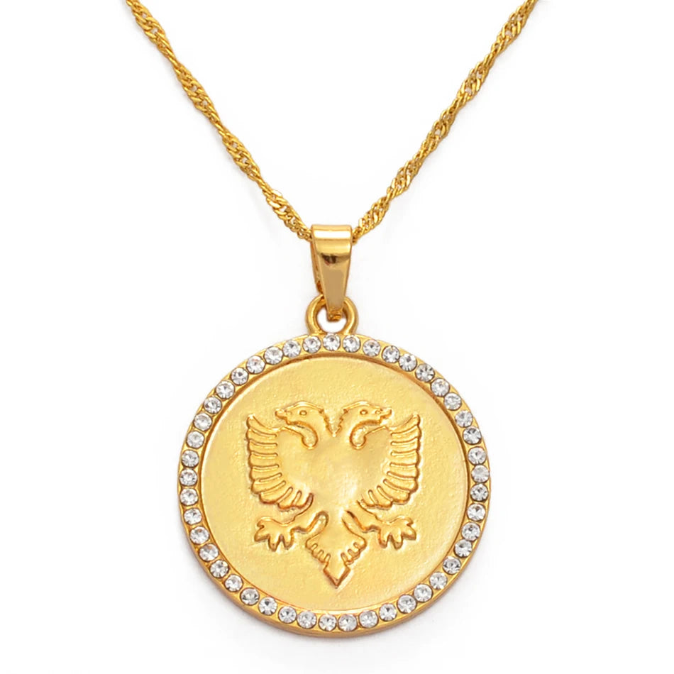 Anniyo 3cm Round Albania Eagle Pendant Necklace Gold Color Charms Metal Jewelry Traditional Albanian Ornaments #231706