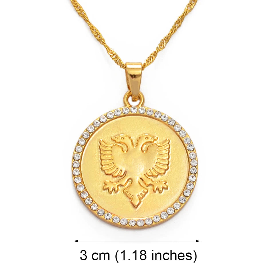 Anniyo 3cm Round Albania Eagle Pendant Necklace Gold Color Charms Metal Jewelry Traditional Albanian Ornaments #231706