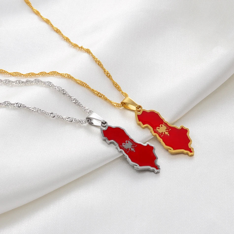 Anniyo Albania map and Eagle Flag Pendant Necklaces for Women Men Gold Color/Silver Color Albanian Jewelry #148921