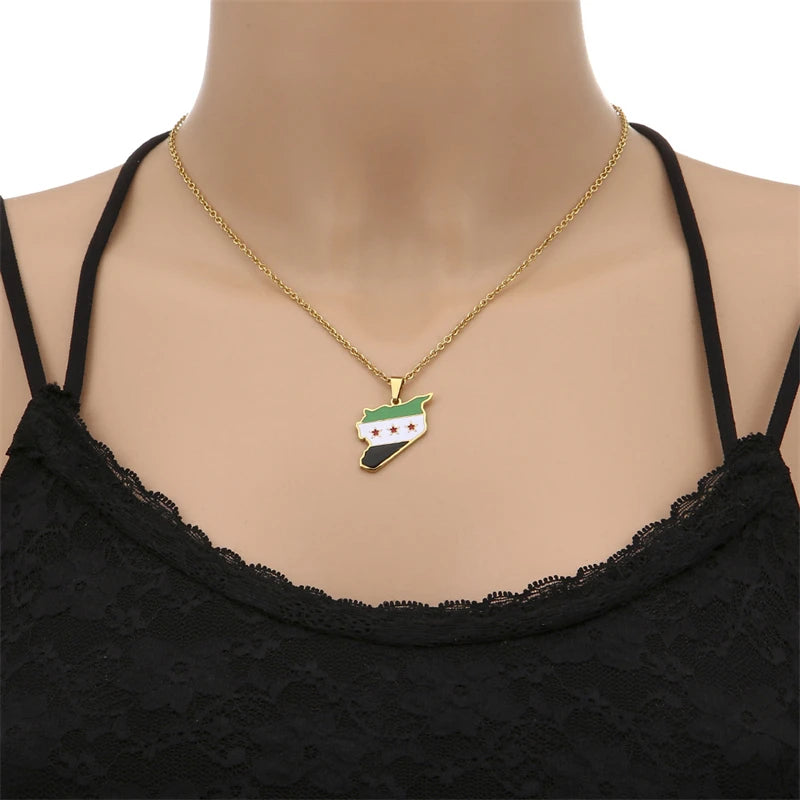 Stainless Steel Syria Map Flag Pendant Necklaces for Women Men Gold Color/Silver Color Charm Fashion Syrians Map Chain Jewelry