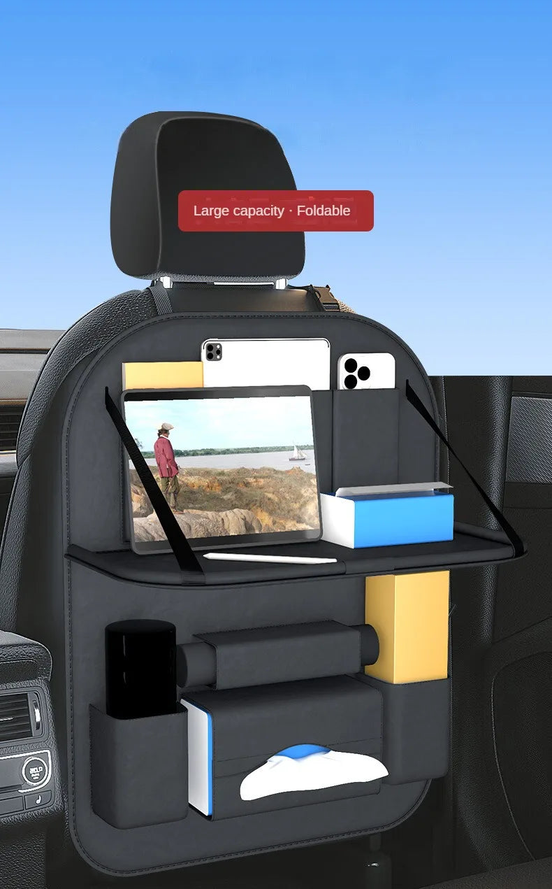 Car Backseat Organizer With Tablet Holder Leather Auto Seat Back Storage Organizer with Foldable Food Tray Tissue Phone Pocket