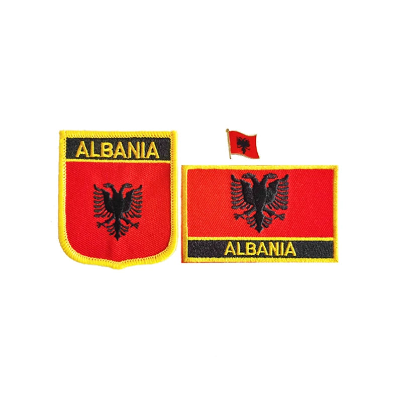 Albania National Flag Embroidery Patches Badge Shield And Square Shape Pin One Set On The Cloth Armband Backpack Decoration