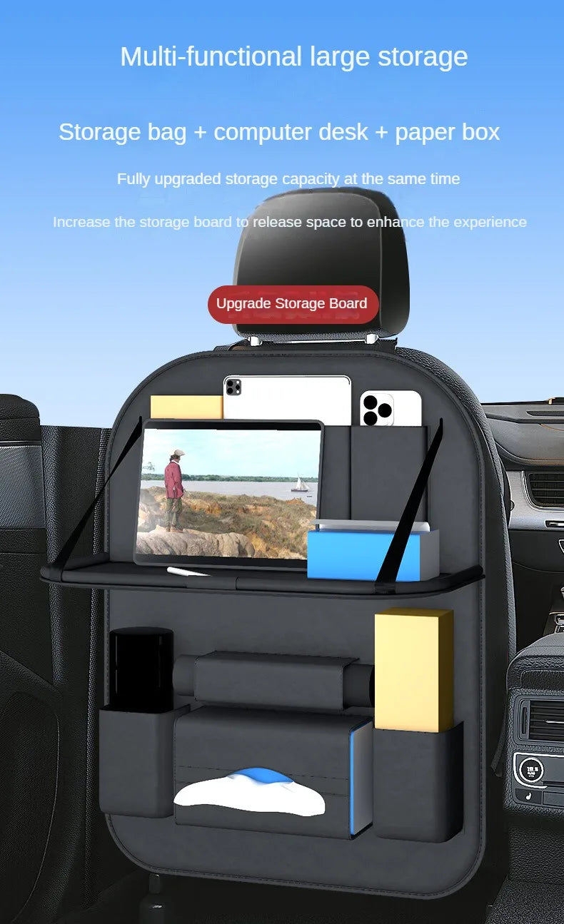 Car Backseat Organizer With Tablet Holder Leather Auto Seat Back Storage Organizer with Foldable Food Tray Tissue Phone Pocket