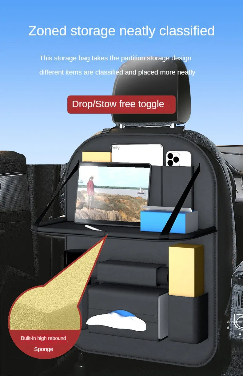 Car Backseat Organizer With Tablet Holder Leather Auto Seat Back Storage Organizer with Foldable Food Tray Tissue Phone Pocket