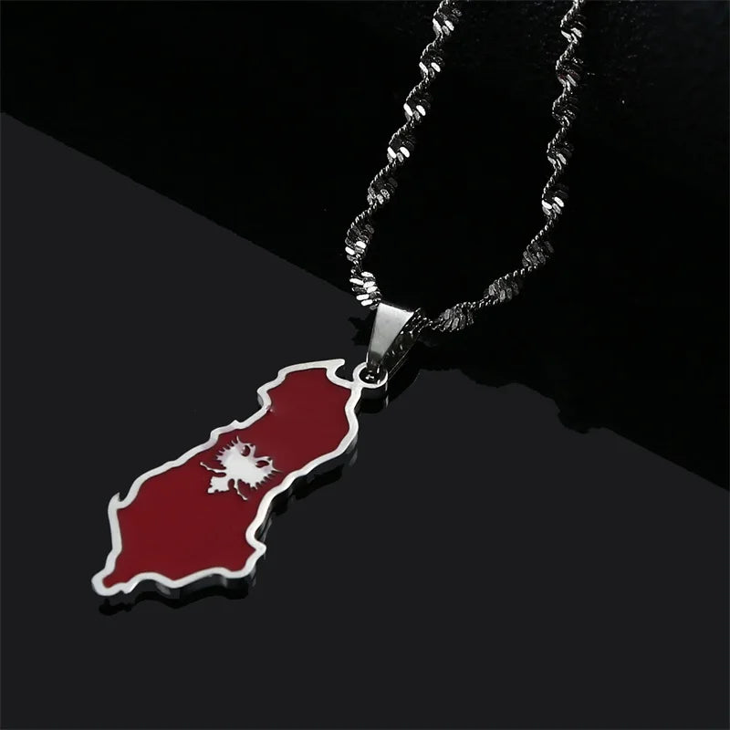 Stainless Steel Albania Eagle Map Flag Pendant Necklaces for Women Men Albanian Jewelry
