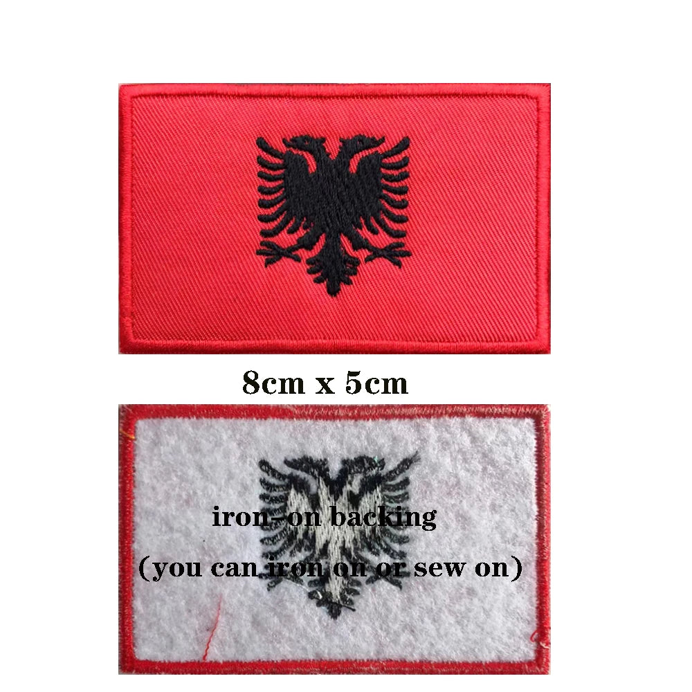 1PC Albanian Flag Albania Patches Armband Embroidered Patch Hook & Loop Or Iron On Embroidery Badge Military Stripe