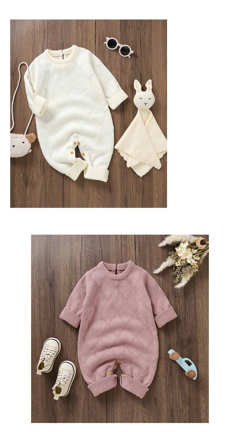 New Spring Autumn Solid Color Knitted Acrylic Long Sleeve 1-18 Months Newborn Baby Boys Girls Rompers Jumpsuit Bodysuit DGUKYM