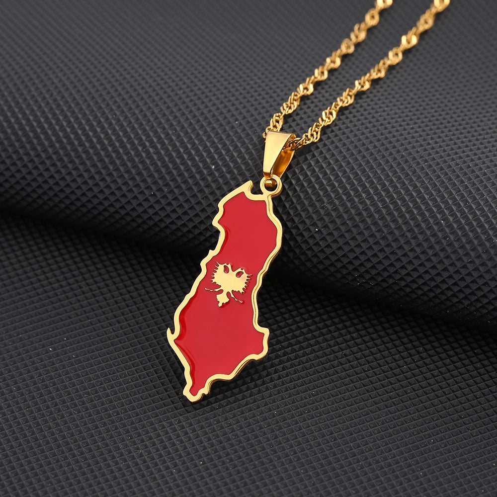 Fashion Albania Map Flag Pendant Necklace Stainless Steel Men Women Shqipërisë Maps Jewelry Gift