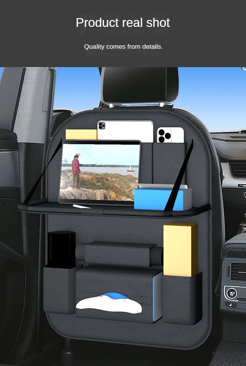 Car Backseat Organizer With Tablet Holder Leather Auto Seat Back Storage Organizer with Foldable Food Tray Tissue Phone Pocket