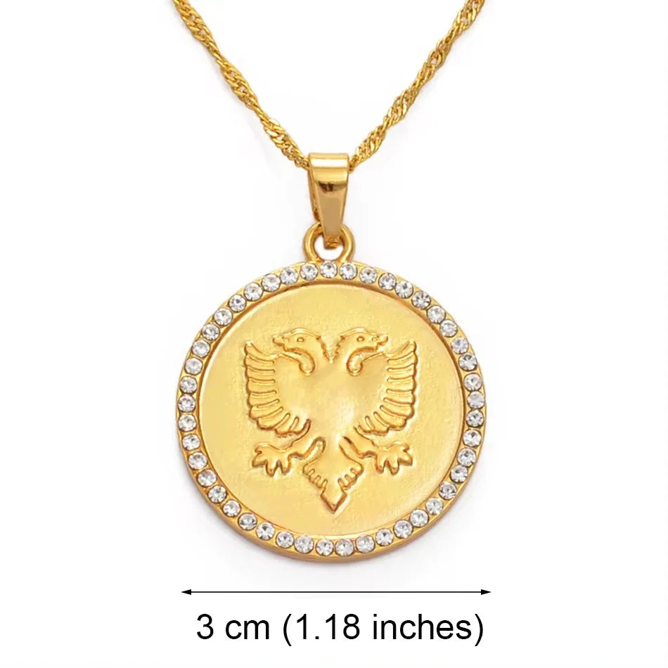 Anniyo 3cm Round Albania Eagle Pendant Necklace Gold Color Charms Metal Jewelry Traditional Albanian Ornaments #231706
