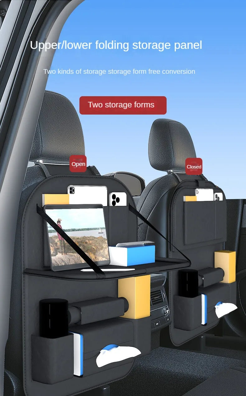 Car Backseat Organizer With Tablet Holder Leather Auto Seat Back Storage Organizer with Foldable Food Tray Tissue Phone Pocket
