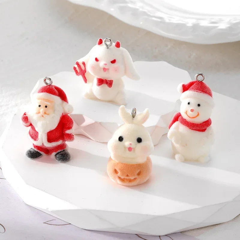 30Pcs 3D Cute Flocked Santa Claus Rabbit Charm Cartoon Animal Plush Resin Pendant For Phone Keychain Earrings Diy Jewelry Make