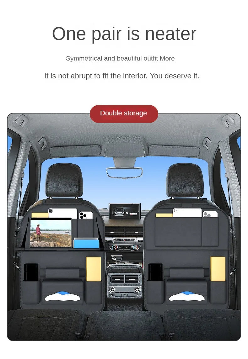 Car Backseat Organizer With Tablet Holder Leather Auto Seat Back Storage Organizer with Foldable Food Tray Tissue Phone Pocket