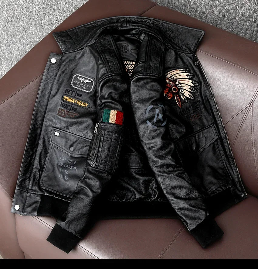 New Indian Embroidery Flying Suit Natural Genuine Leather Coat Men's Cowhide Leather Motorcycle Jackets Slim Fashion Clothing