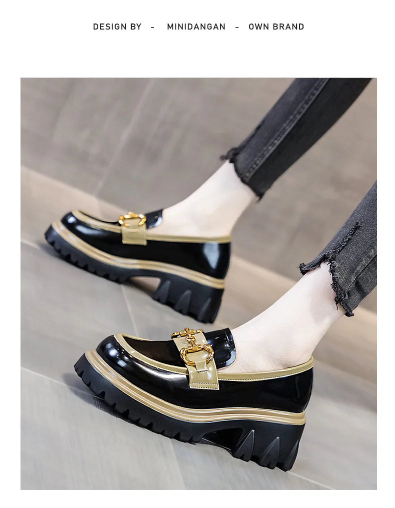 Spring Autumn Platform Shoes for Women British Style Loafers Leather Casual Shoe Thick-soled Heightened Pumps Breathable Zapatos