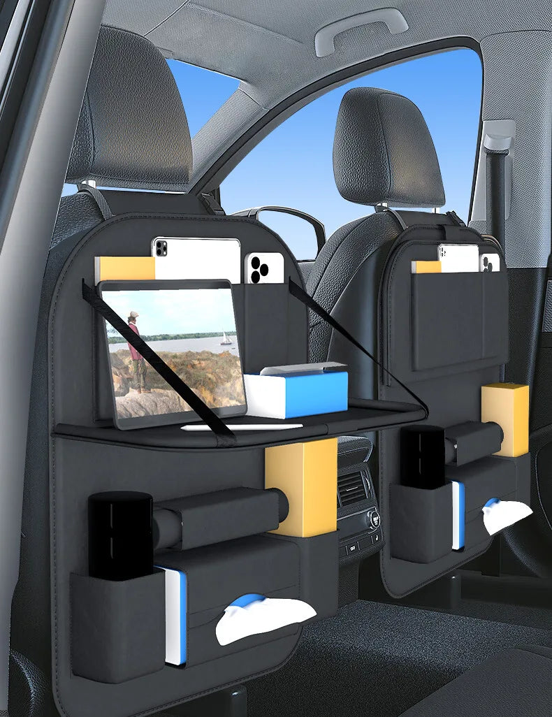 Car Backseat Organizer With Tablet Holder Leather Auto Seat Back Storage Organizer with Foldable Food Tray Tissue Phone Pocket