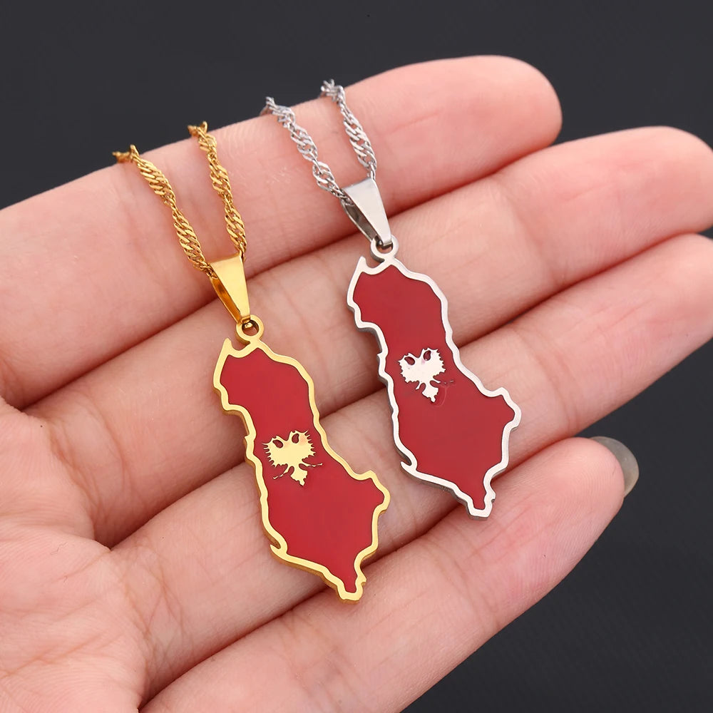 Fashion Albania Map Flag Pendant Necklace Stainless Steel Men Women Shqipërisë Maps Jewelry Gift
