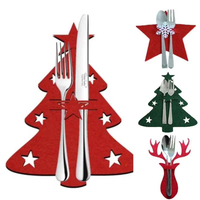 Christmas Tree Cutlery Knife Fork Covers Table Decor Elk Xmas Tableware Pocket Holder Bags New Year Party Decorations