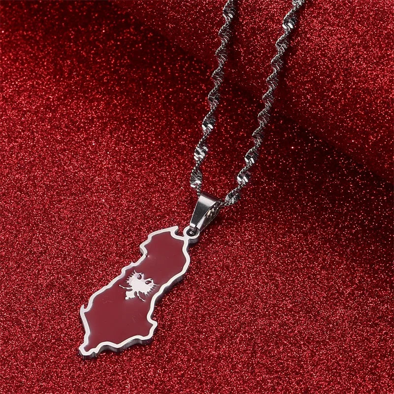 Stainless Steel Albania Eagle Map Flag Pendant Necklaces for Women Men Albanian Jewelry