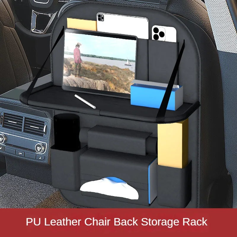 Car Backseat Organizer With Tablet Holder Leather Auto Seat Back Storage Organizer with Foldable Food Tray Tissue Phone Pocket