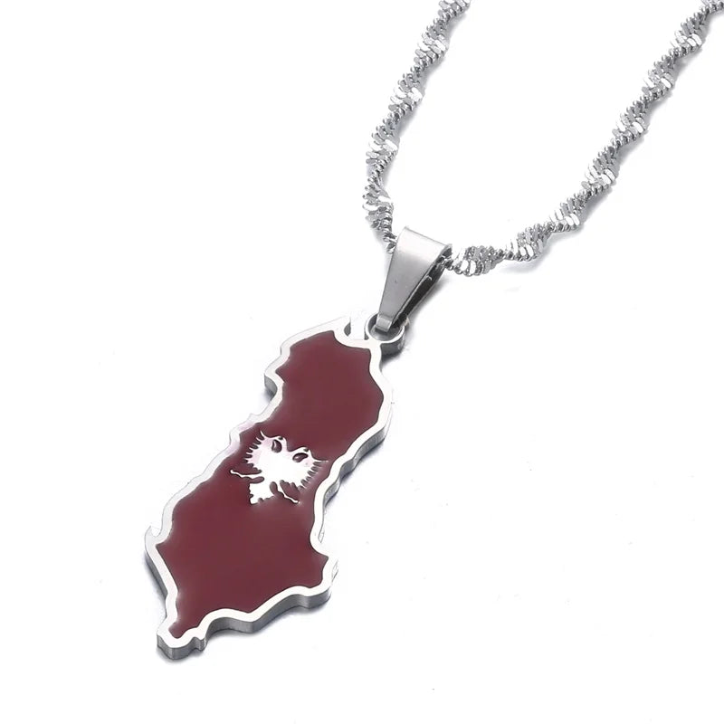 Stainless Steel Albania Eagle Map Flag Pendant Necklaces for Women Men Albanian Jewelry