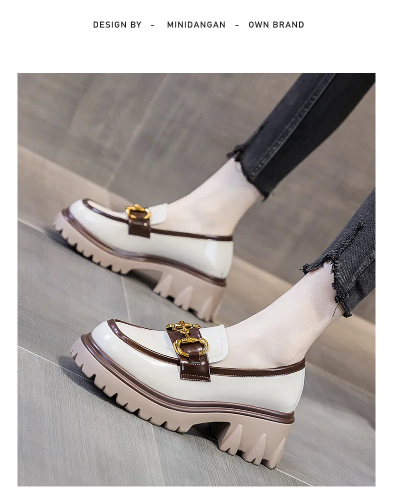 Spring Autumn Platform Shoes for Women British Style Loafers Leather Casual Shoe Thick-soled Heightened Pumps Breathable Zapatos
