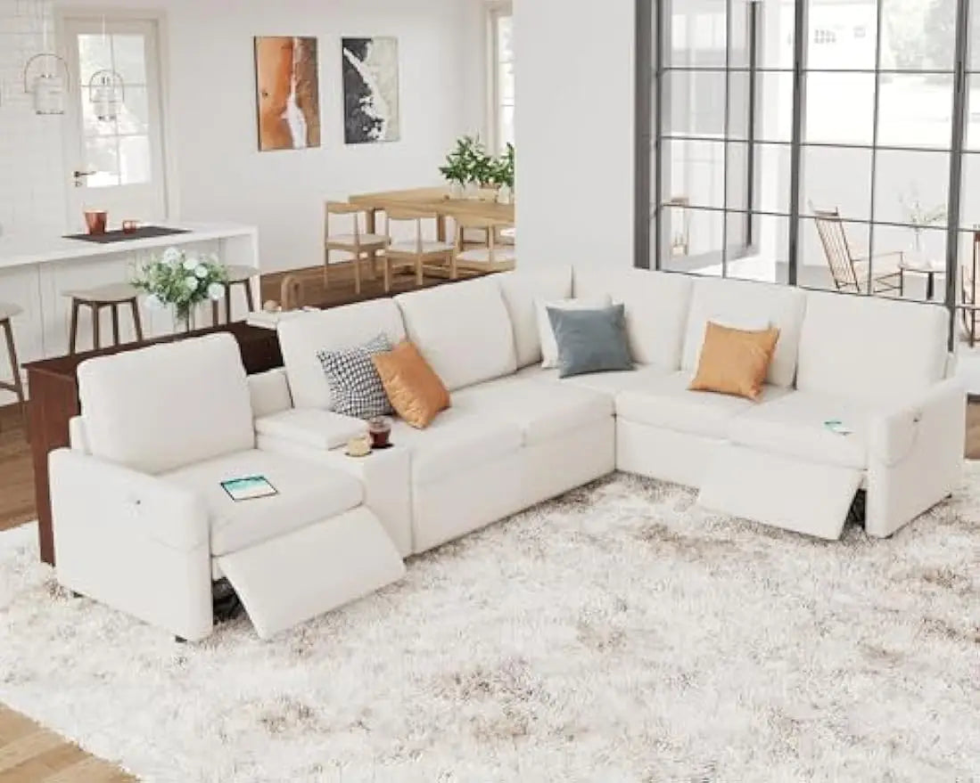 Recliner, 6 Seat L Shpaed Anti Scratch Leathaire Modular Couch with Cup Holder& USB Port, Reclining Sectional Couch with Console