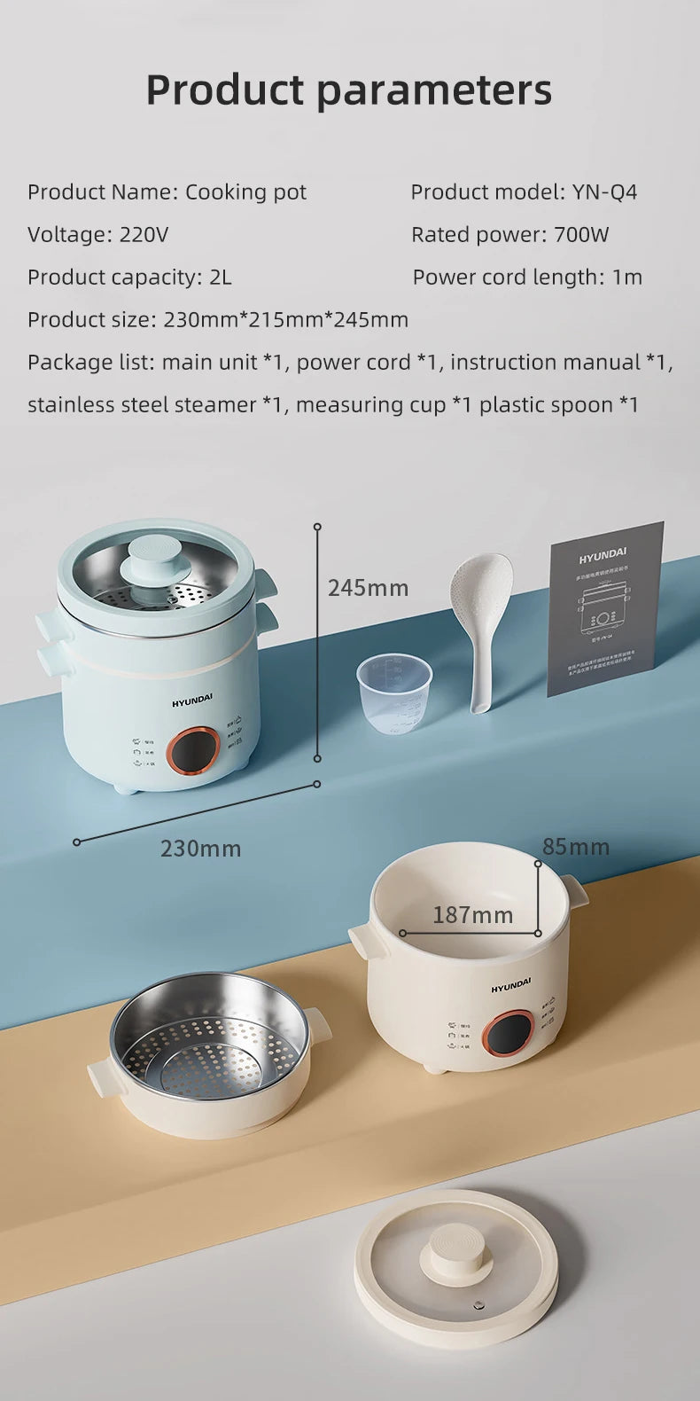 2L Electric Rice Cooker Cooking Pot Mini Multicooker Lunch Box Rice Cookers Hotpot Non-stick Electric Skillet Food Steamer 220V