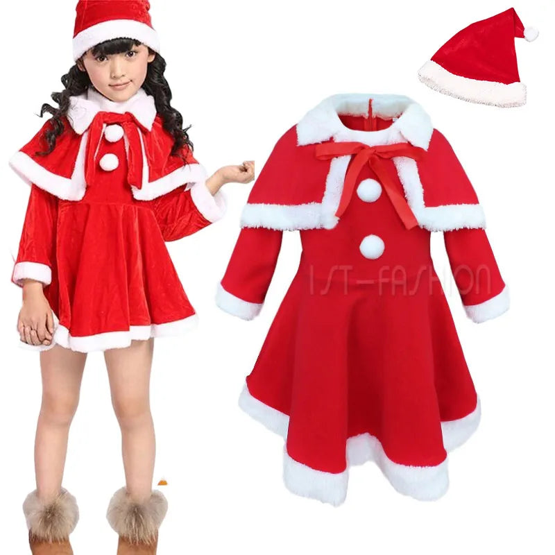 Christmas Dress for Little Girls Santa Claus Cosplay Toddler Kids Fancy Xmas Costume with Hat Child New Year Clothing Set Frocks