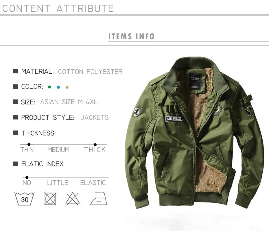 Bomber Jacket Ma1 Air Force Pilot Casual New Arrival Military Style Men Thick Fleece Velvet Coat Winter Male Green Blue Khaki