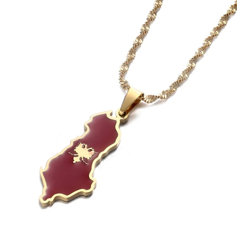 Stainless Steel Albania Eagle Map Flag Pendant Necklaces for Women Men Albanian Jewelry