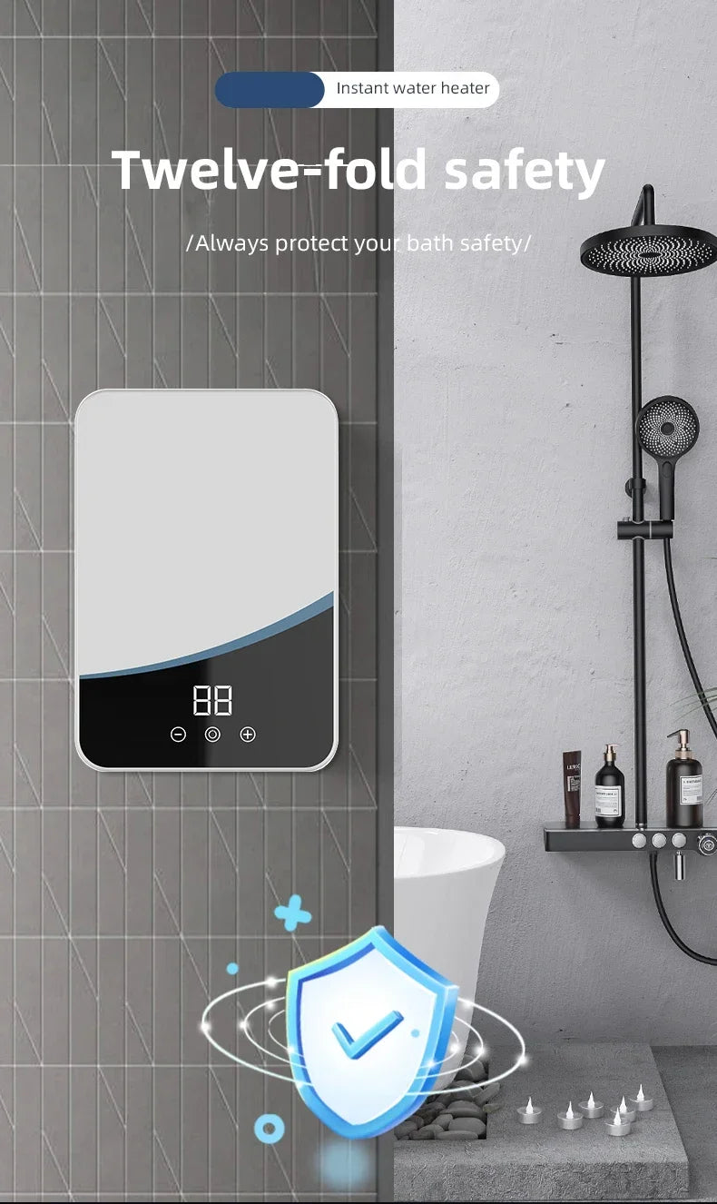 Tankless Mini Hot Water Heater Thermostatic Washing Heating System with Digital Display for Home Kitchen Bathroom