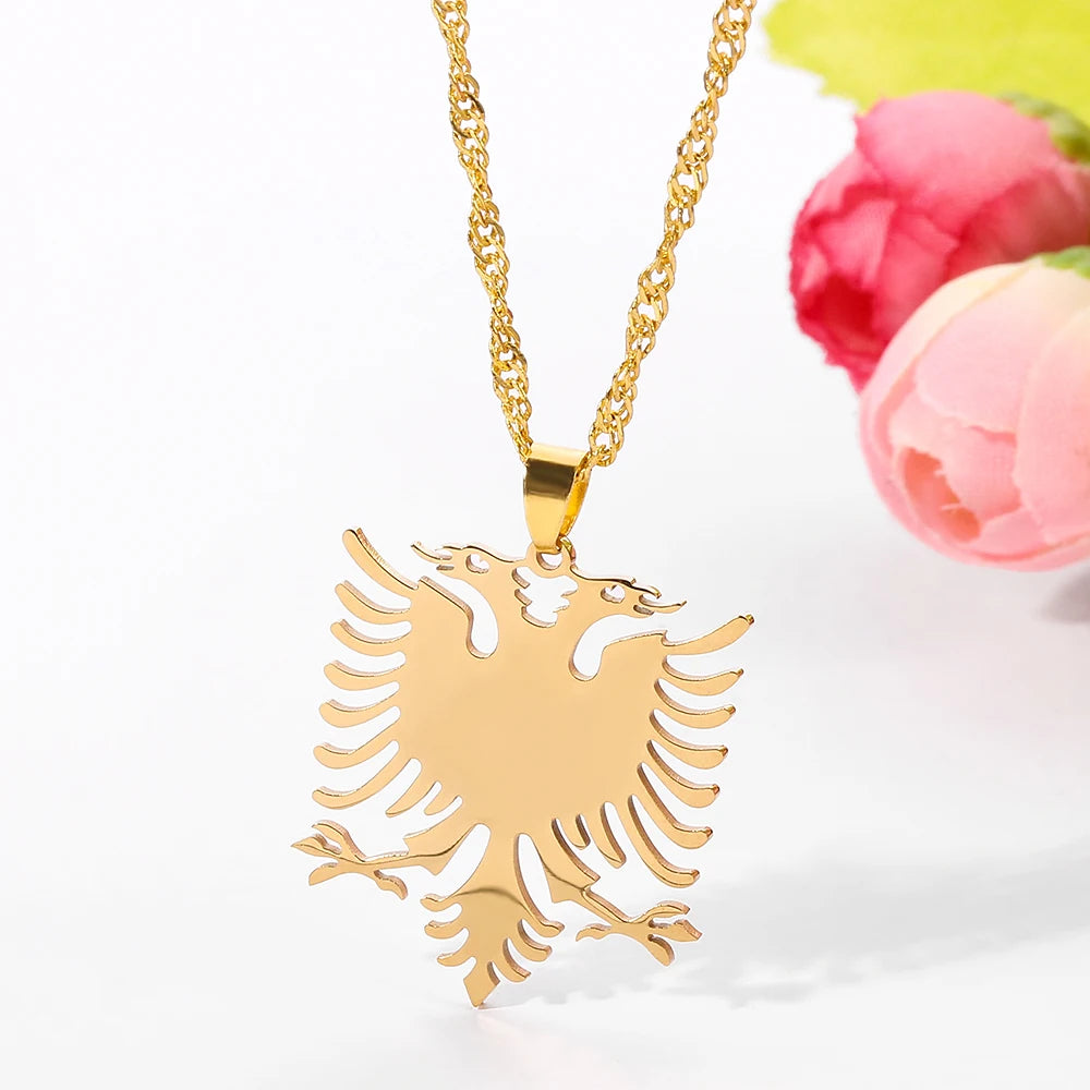Stainless Steel Albanian Double Headed Eagle Necklace Russian Albania Flag Eagle Pendants Emblem Necklace Ethnic Jewelry Gifts