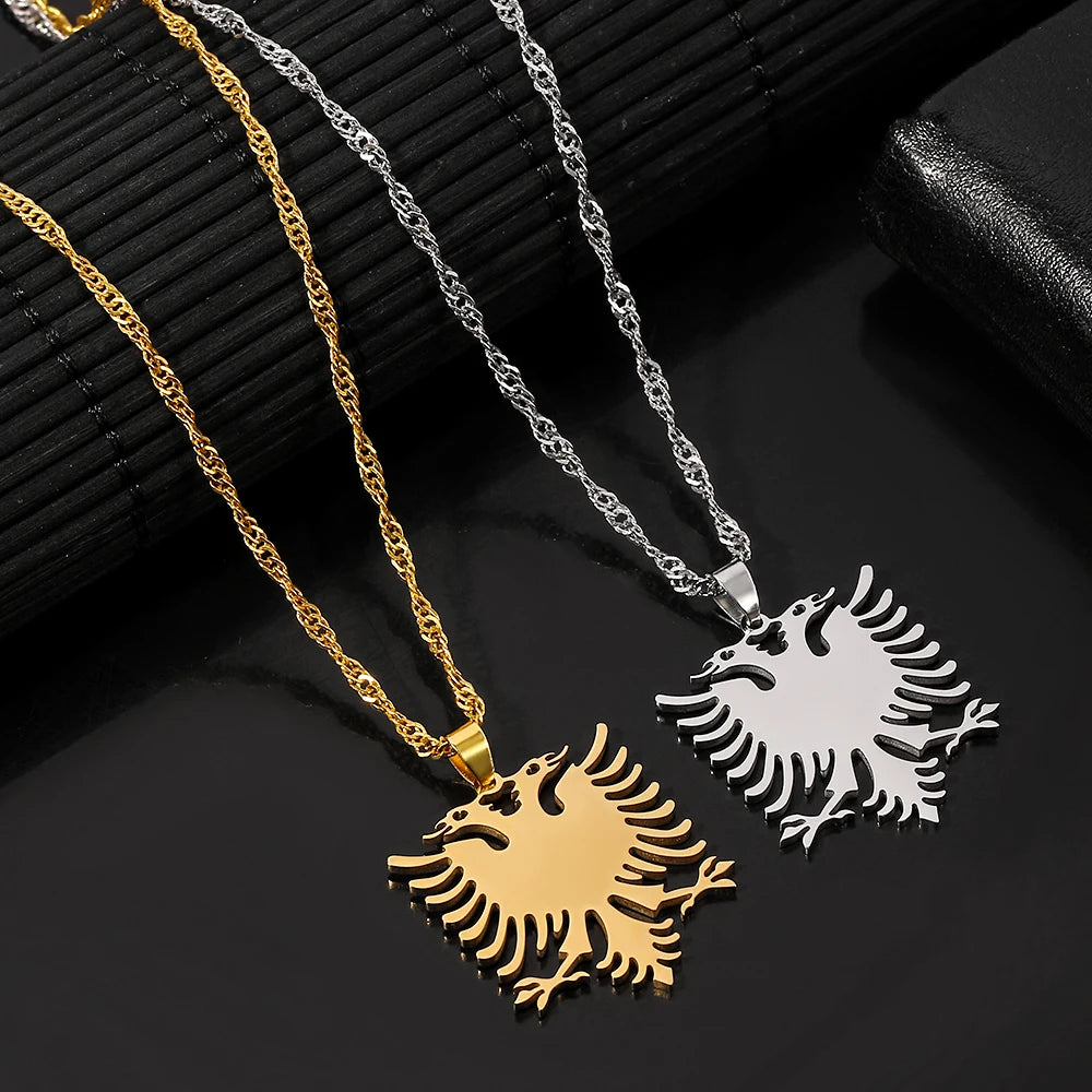 Stainless Steel Albanian Double Headed Eagle Necklace Russian Albania Flag Eagle Pendants Emblem Necklace Ethnic Jewelry Gifts