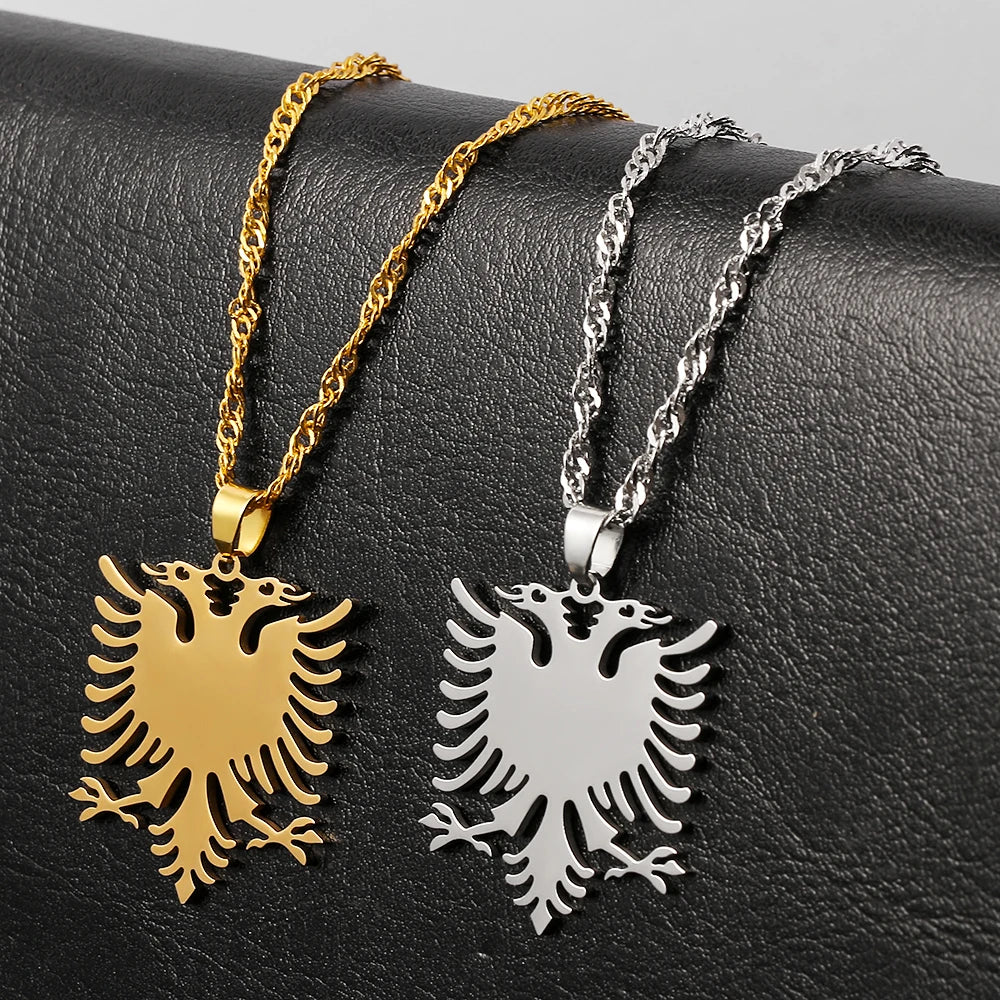 Stainless Steel Albanian Double Headed Eagle Necklace Russian Albania Flag Eagle Pendants Emblem Necklace Ethnic Jewelry Gifts
