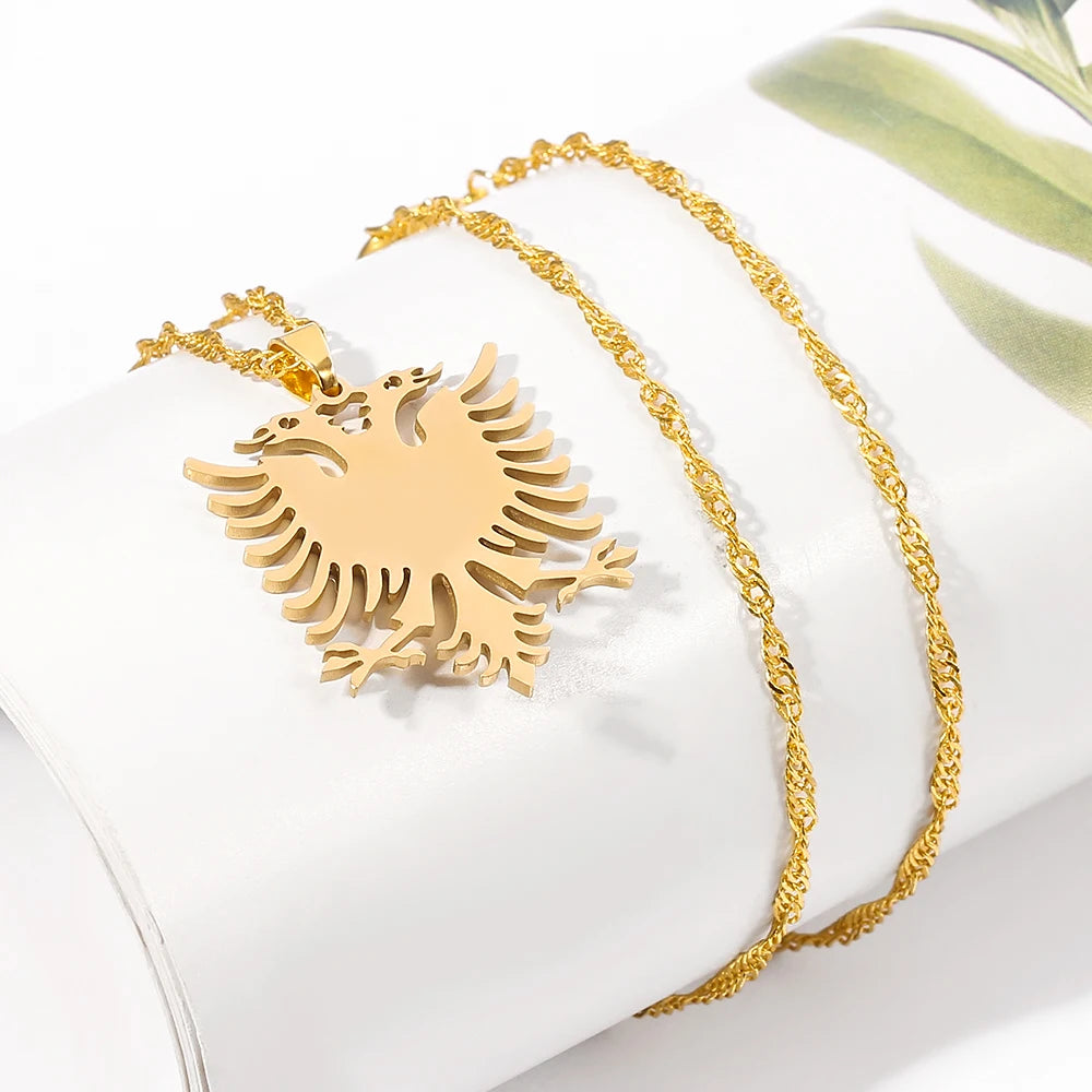 Stainless Steel Albanian Double Headed Eagle Necklace Russian Albania Flag Eagle Pendants Emblem Necklace Ethnic Jewelry Gifts