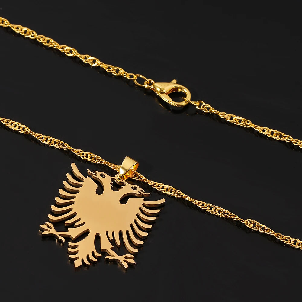 Stainless Steel Albanian Double Headed Eagle Necklace Russian Albania Flag Eagle Pendants Emblem Necklace Ethnic Jewelry Gifts