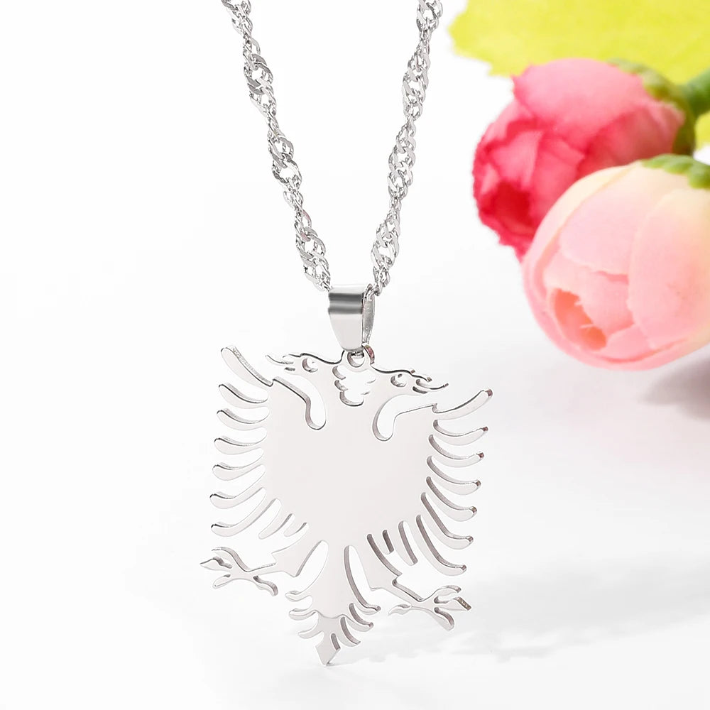 Stainless Steel Albanian Double Headed Eagle Necklace Russian Albania Flag Eagle Pendants Emblem Necklace Ethnic Jewelry Gifts