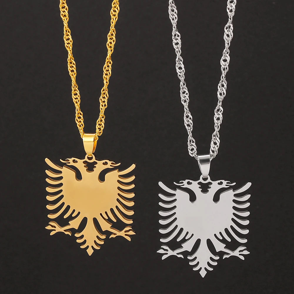 Stainless Steel Albanian Double Headed Eagle Necklace Russian Albania Flag Eagle Pendants Emblem Necklace Ethnic Jewelry Gifts