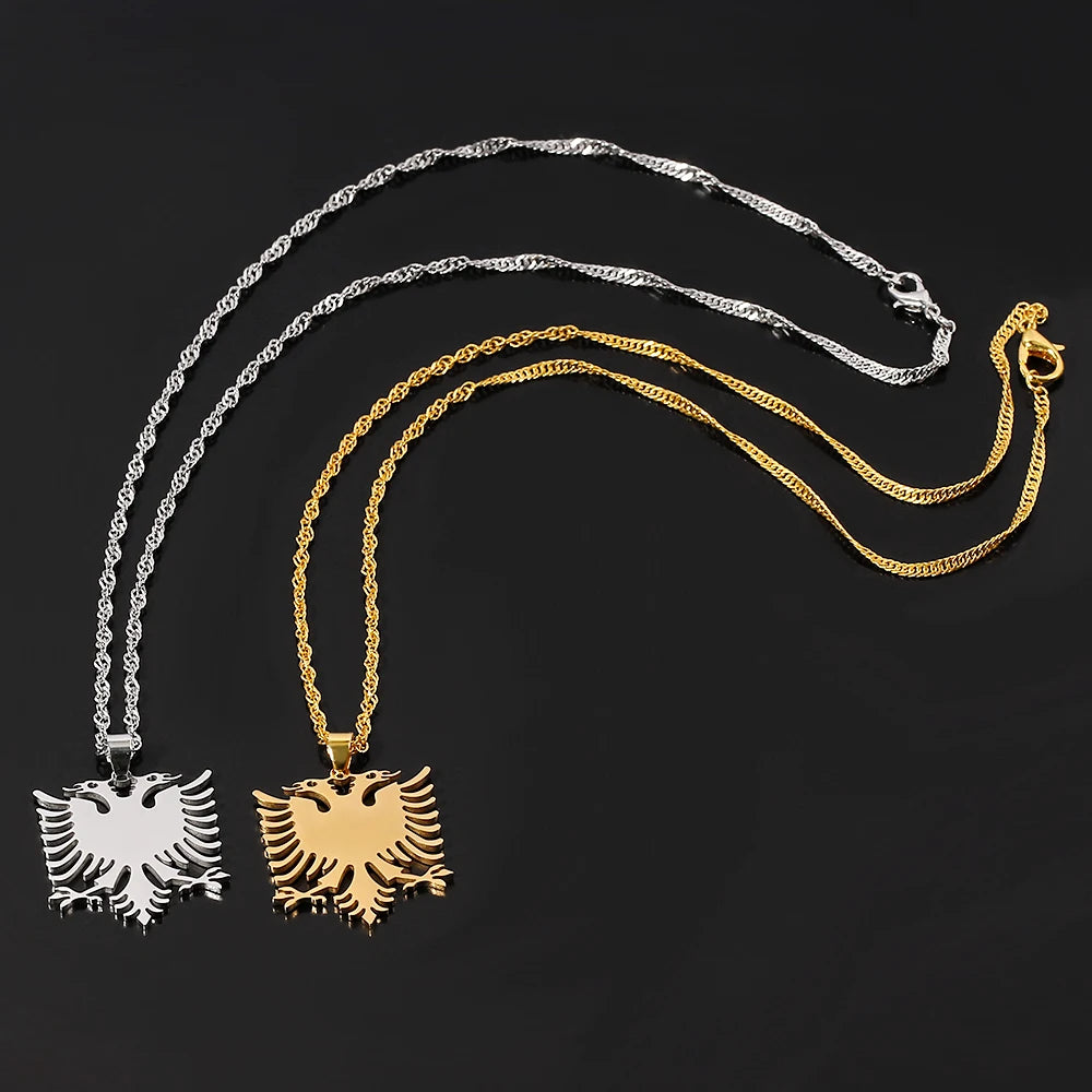 Stainless Steel Albanian Double Headed Eagle Necklace Russian Albania Flag Eagle Pendants Emblem Necklace Ethnic Jewelry Gifts