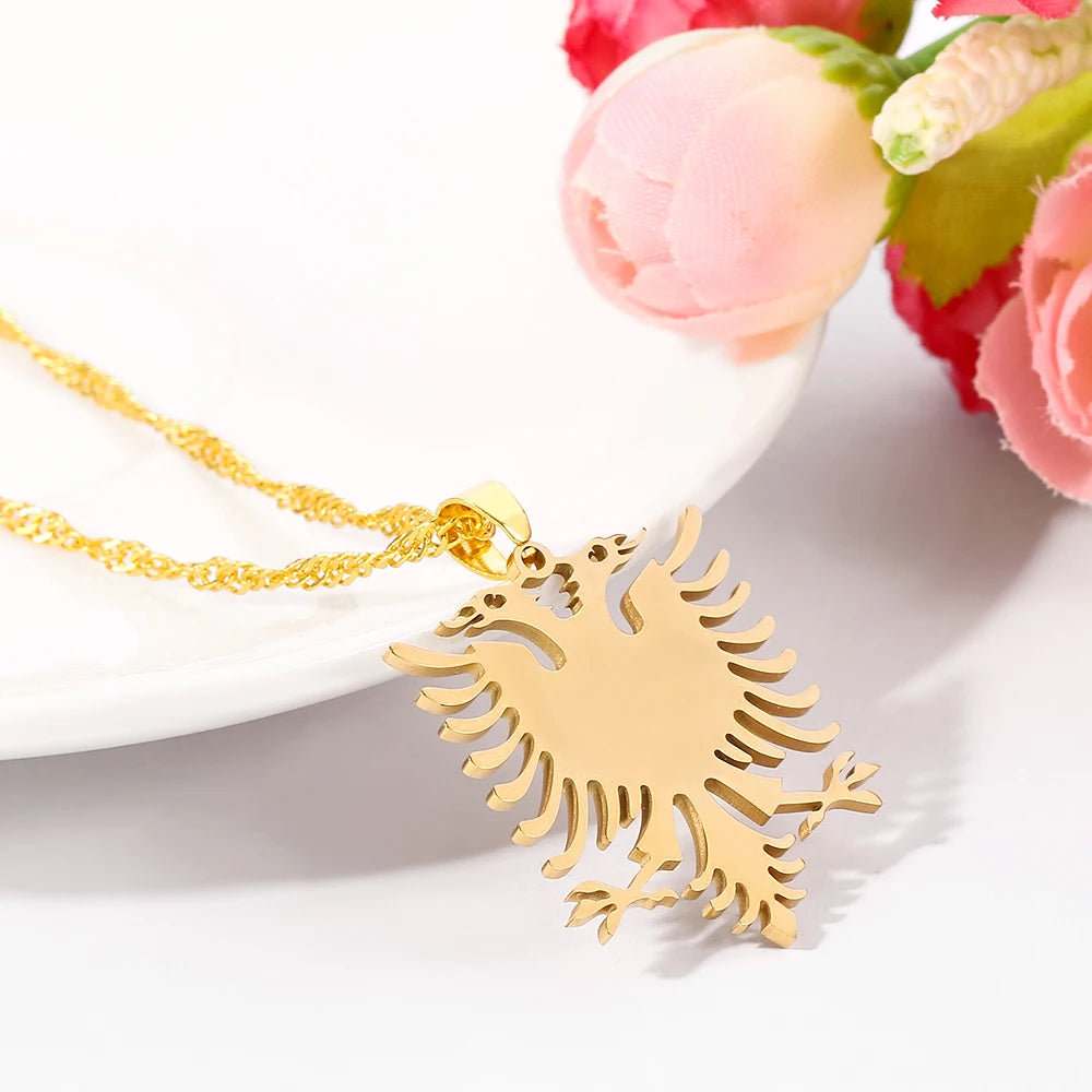 Stainless Steel Albanian Double Headed Eagle Necklace Russian Albania Flag Eagle Pendants Emblem Necklace Ethnic Jewelry Gifts