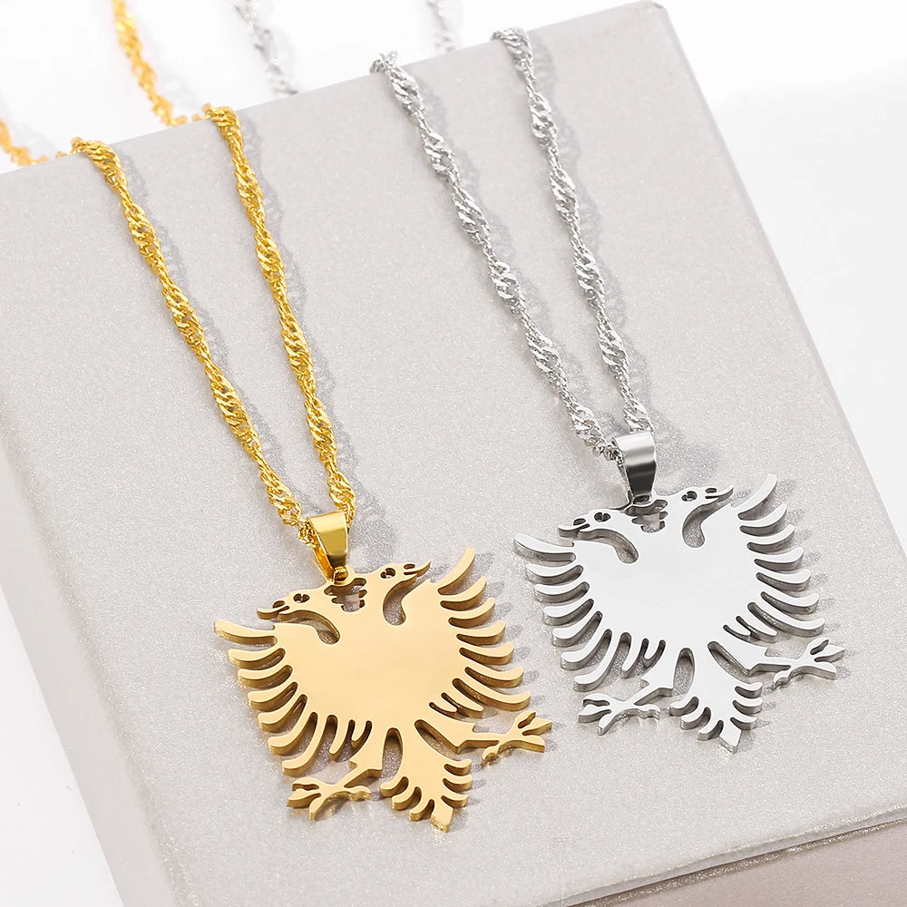 Stainless Steel Albanian Double Headed Eagle Necklace Russian Albania Flag Eagle Pendants Emblem Necklace Ethnic Jewelry Gifts