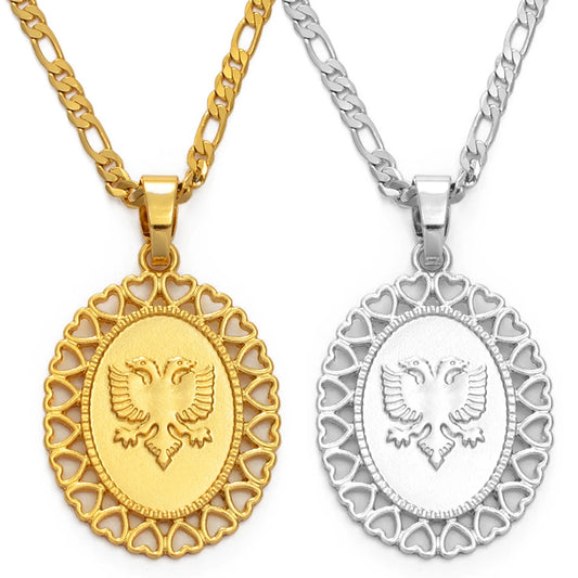 Anniyo Heart Albania Eagle Pendant Necklaces for Men Women Gold Color/Silver Color Jewelry Ethnic  Kosovo #229606