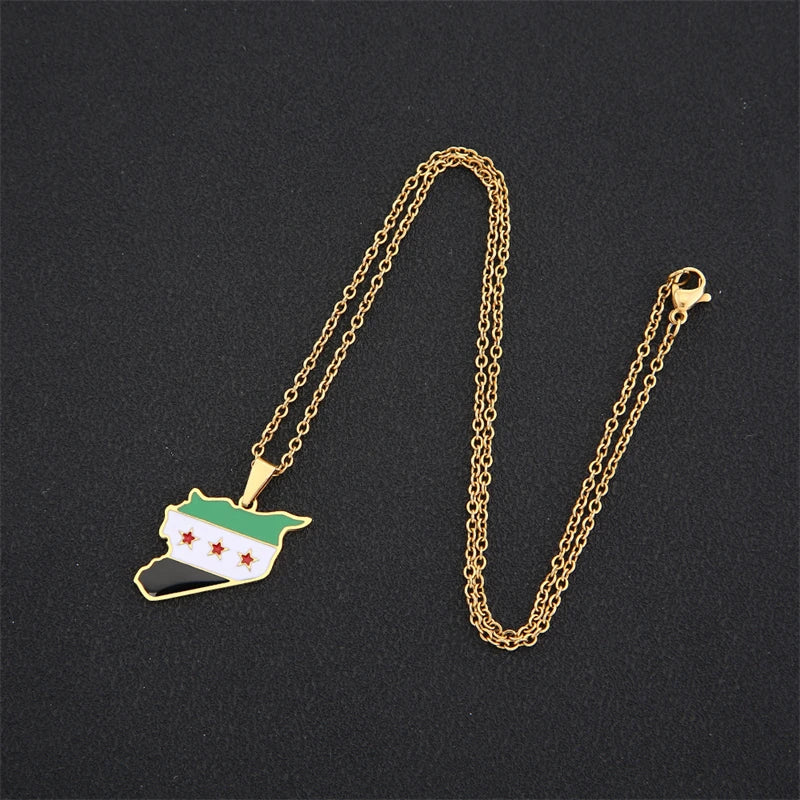 Stainless Steel Syria Map Flag Pendant Necklaces for Women Men Gold Color/Silver Color Charm Fashion Syrians Map Chain Jewelry