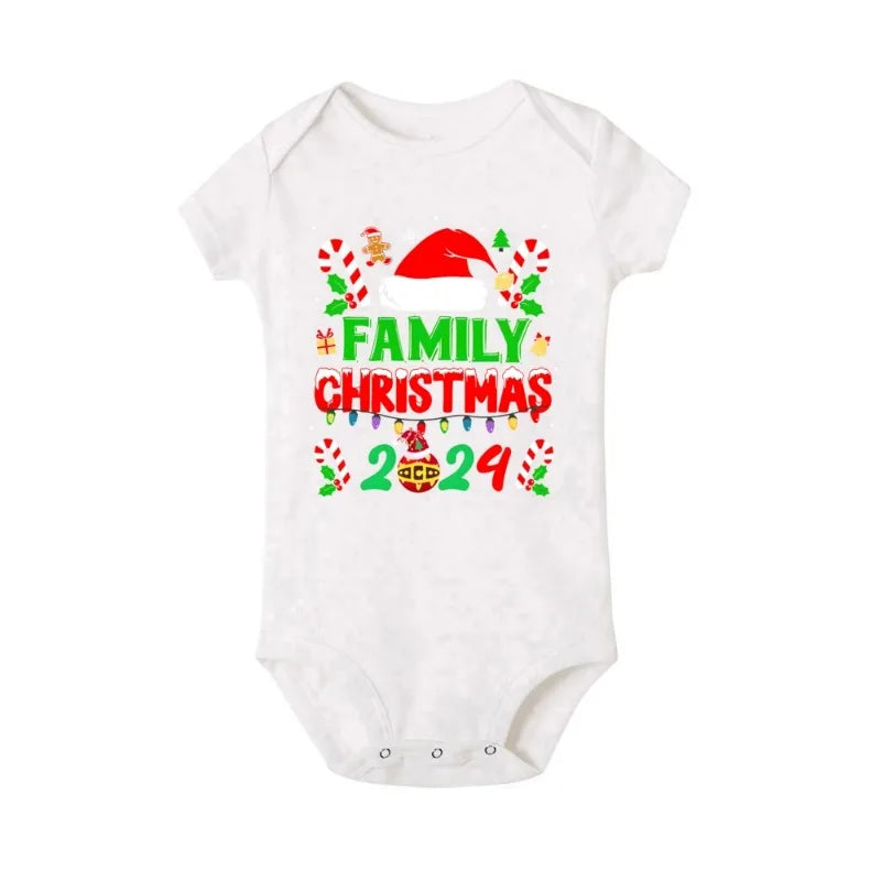 Christmas Holiday Casual Family Set Christmas Hat&family 2024 Print Family Matching Outfits Christmas Party Short Sleeve Clothes